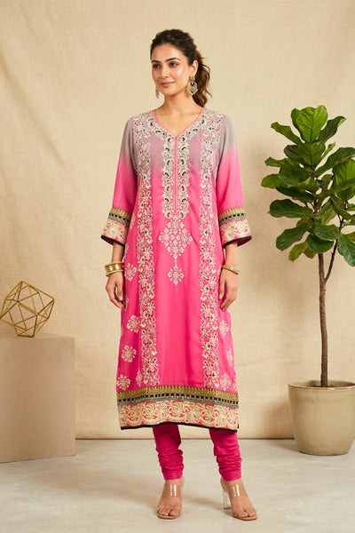 Stunning Grey & Hot Pink Ombre Georgette Kurti with Intricate Embroidery