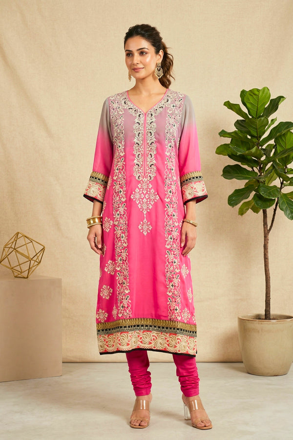 Stunning Grey & Hot Pink Ombre Georgette Kurti with Intricate Embroidery