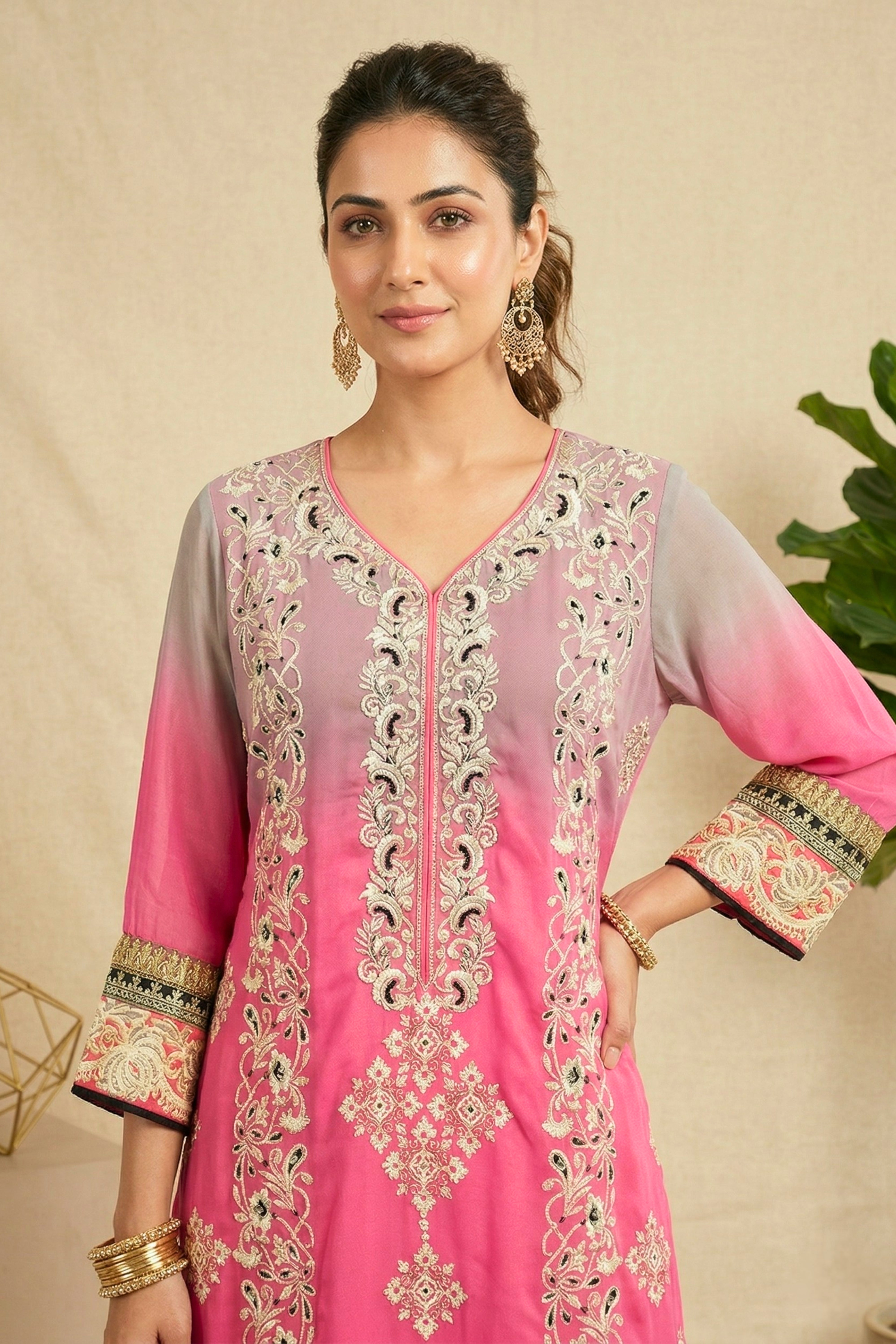 Stunning Grey & Hot Pink Ombre Georgette Kurti with Intricate Embroidery