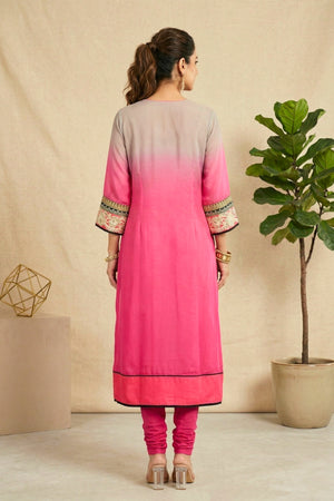 Stunning Grey & Hot Pink Ombre Georgette Kurti with Intricate Embroidery
