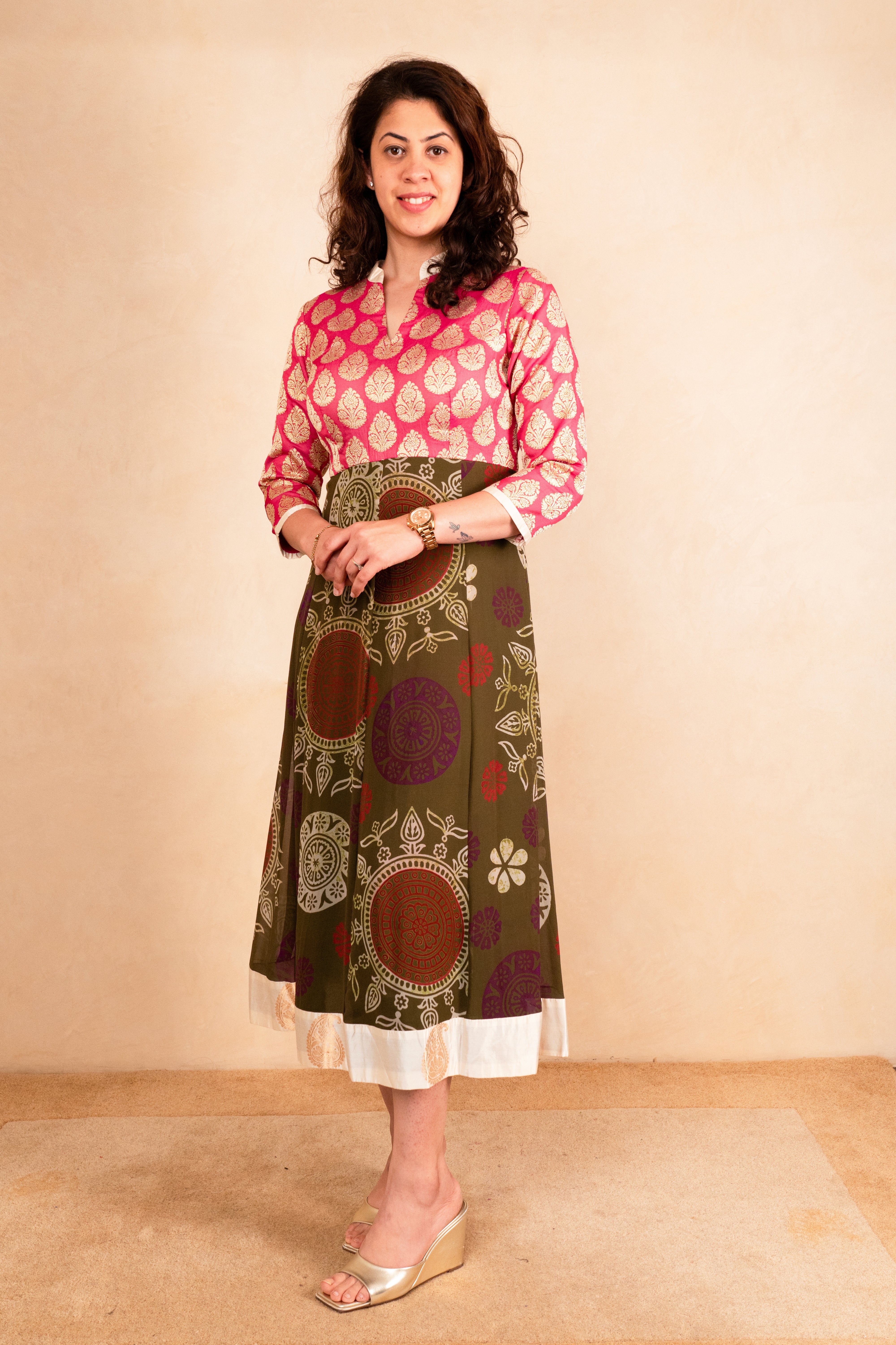 Pink Upada Silk Brocade & Olive Print Kalidar Dress