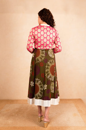 Pink Upada Silk Brocade & Olive Print Kalidar Dress