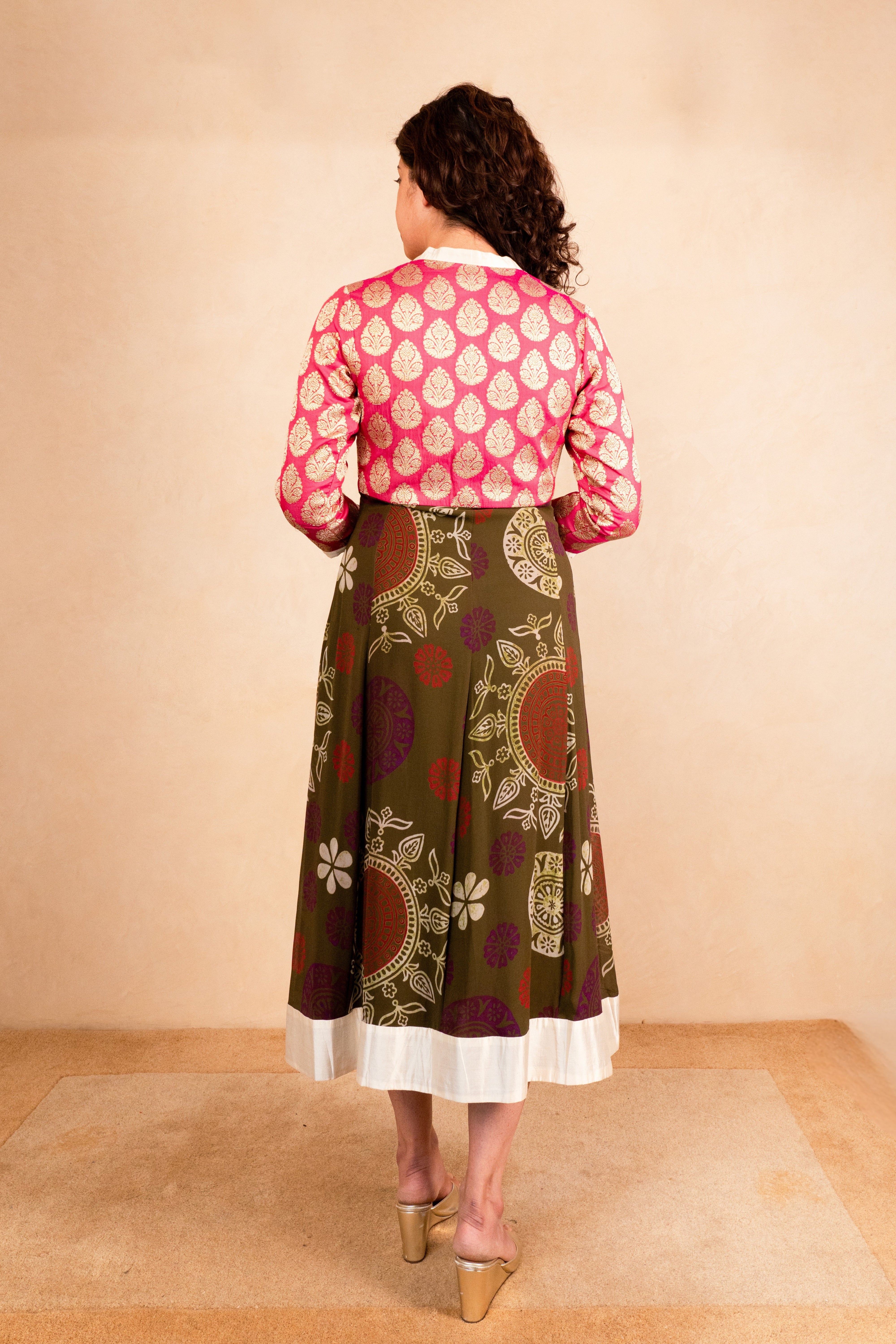 Pink Upada Silk Brocade & Olive Print Kalidar Dress