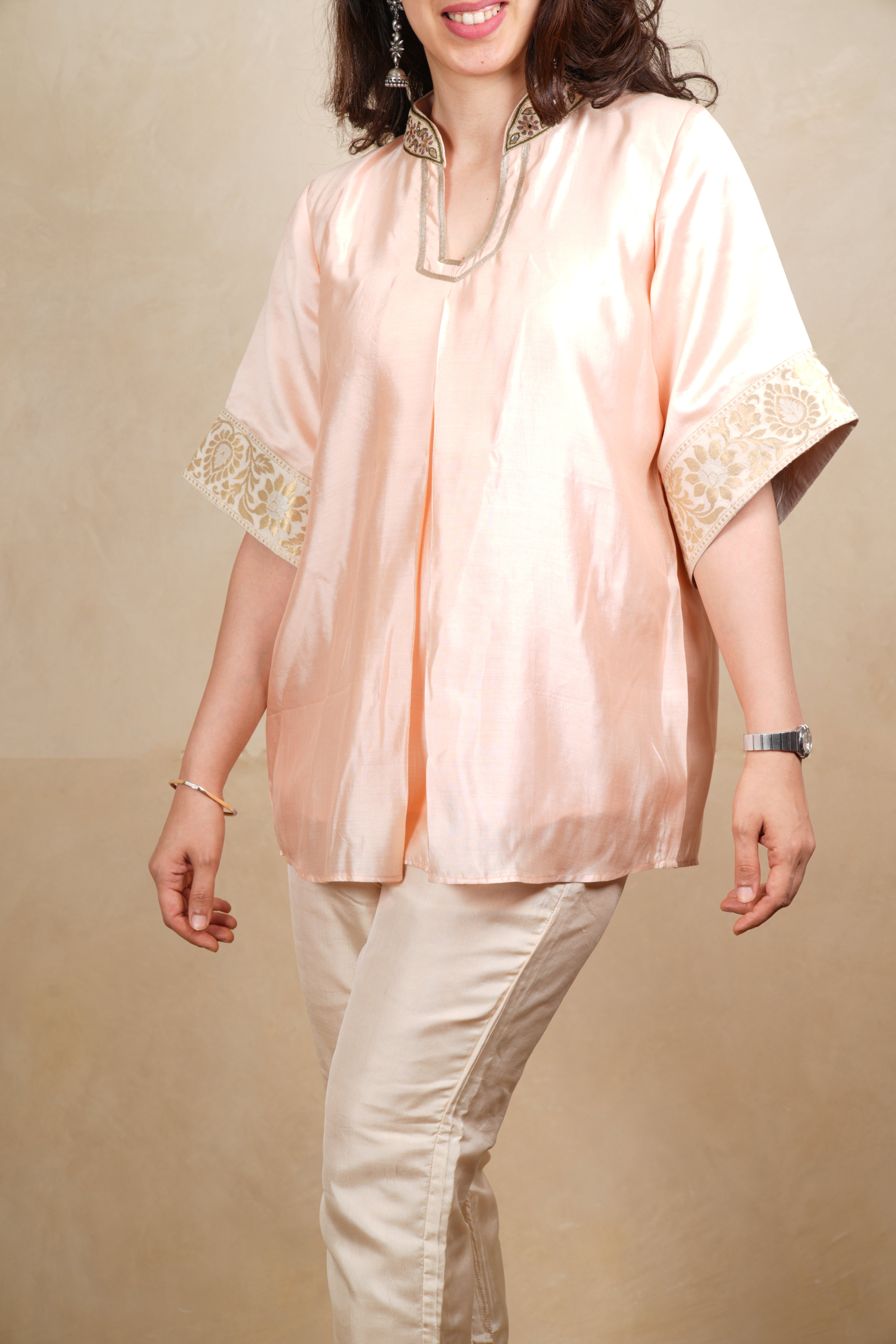 Peach Silk Embroidered Tunic Top