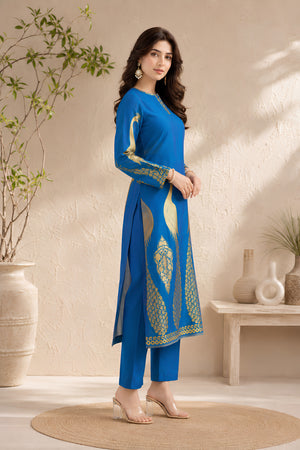 Peacock Blue Gold Motif Silk Kurta