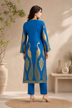 Peacock Blue Gold Motif Silk Kurta