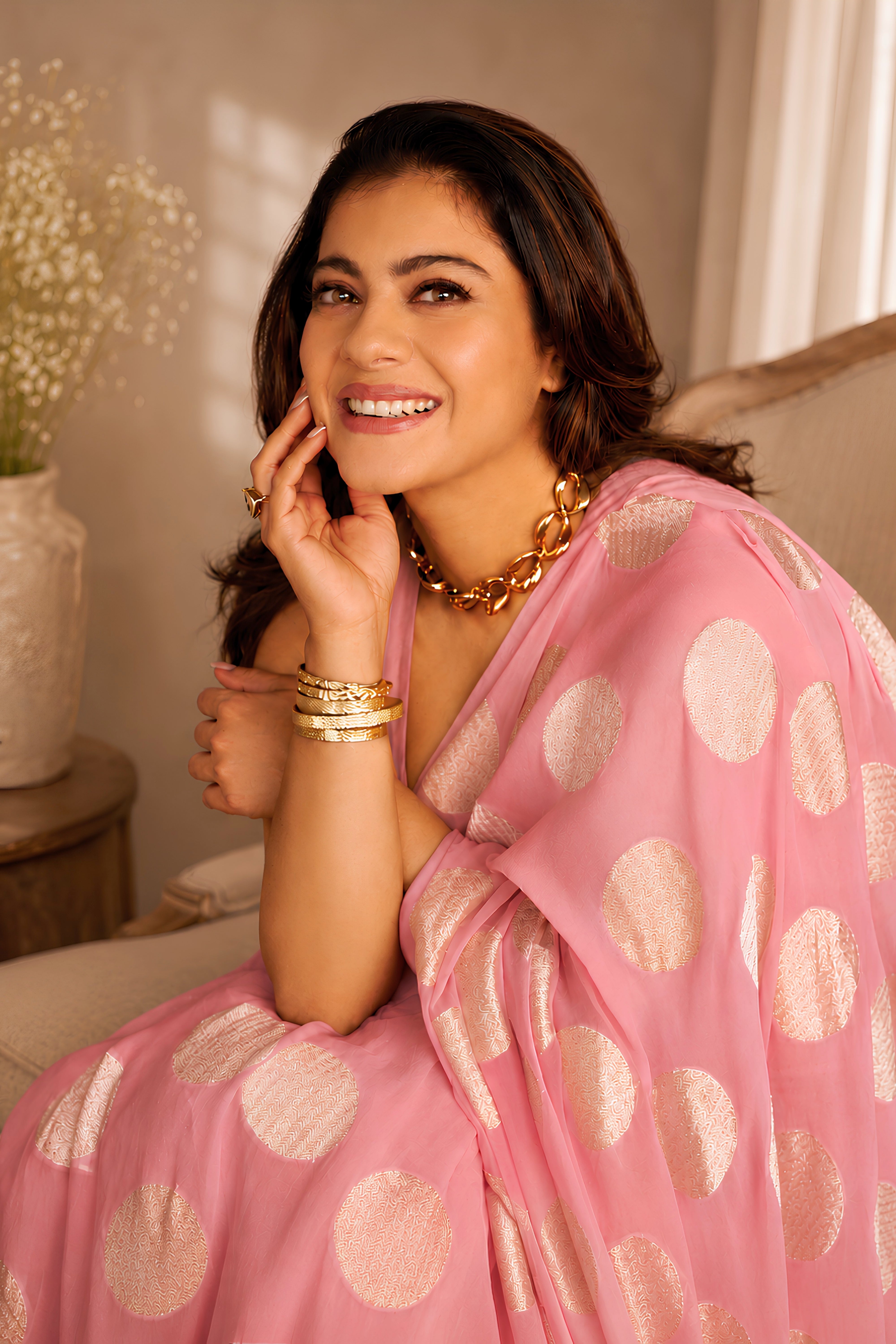 Celebrity Inspired Soft Pastel Pink Moonga Silk Saree with Gold Zari Buttis