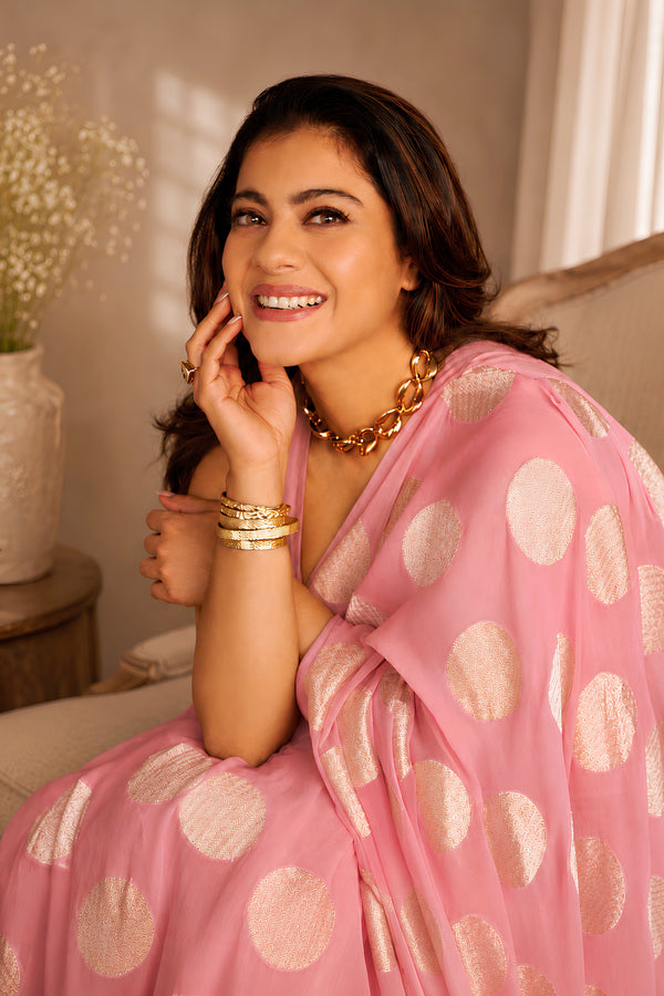 Celebrity Inspired Soft Pastel Pink Moonga Silk Saree with Gold Zari Buttis