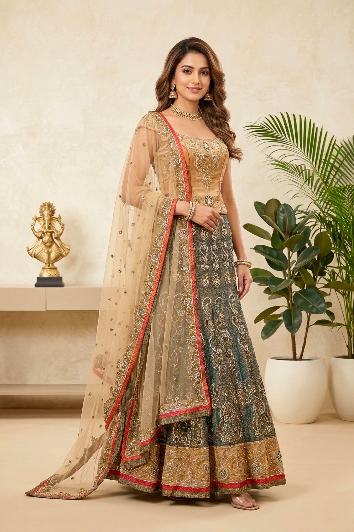 Regal Dark Green and Golden Beige Velvet Lehenga Set with Heavy Zari Embroidery