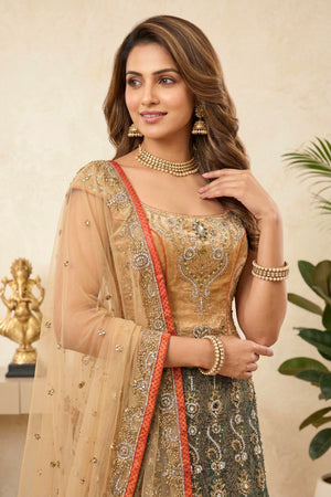 Regal Dark Green and Golden Beige Velvet Lehenga Set with Heavy Zari Embroidery