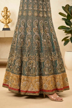 Regal Dark Green and Golden Beige Velvet Lehenga Set with Heavy Zari Embroidery