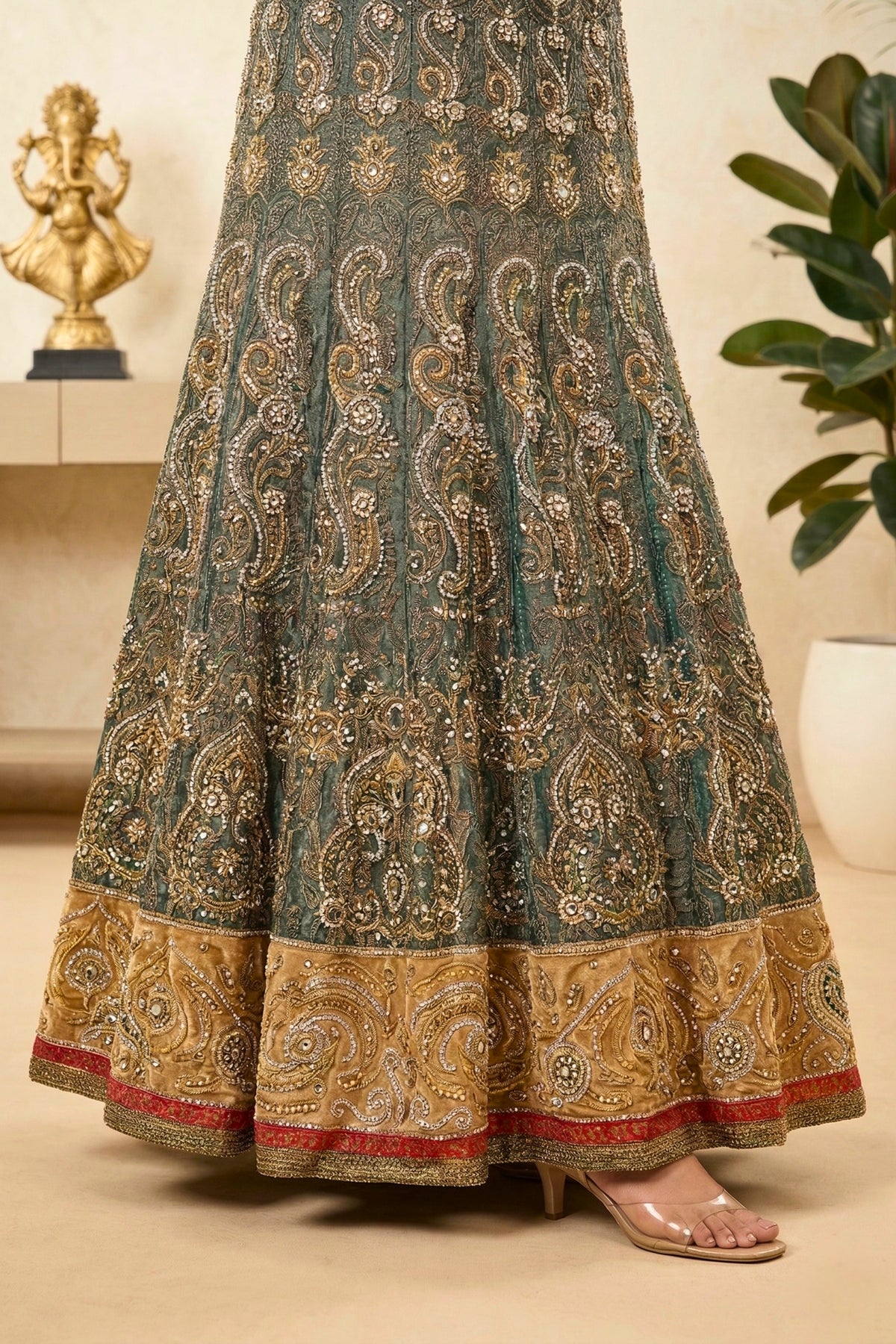 Regal Dark Green and Golden Beige Velvet Lehenga Set with Heavy Zari Embroidery
