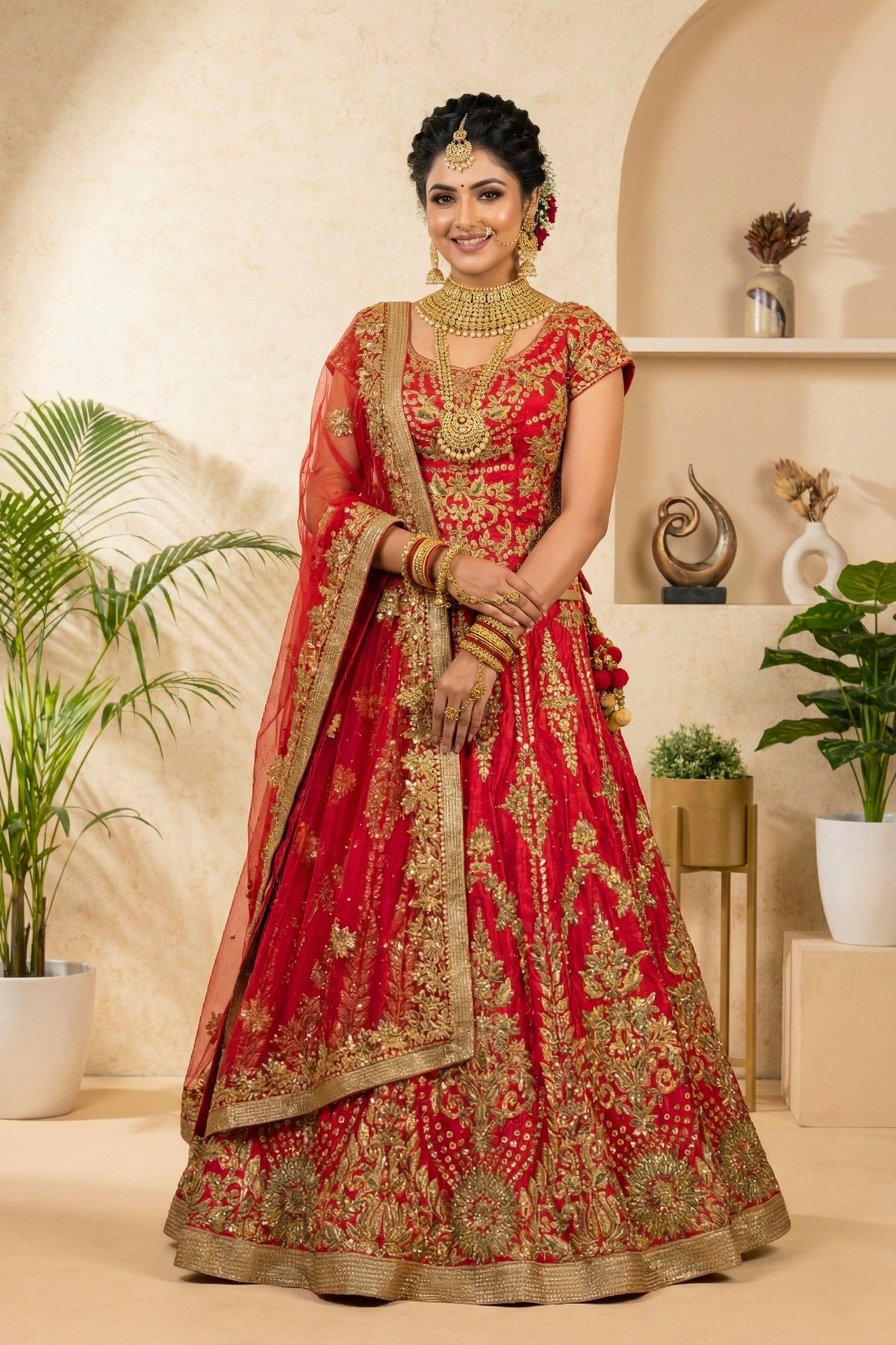 Exquisite Red & Gold Silk Bridal Lehenga Set with Heavy Zari Embroidery
