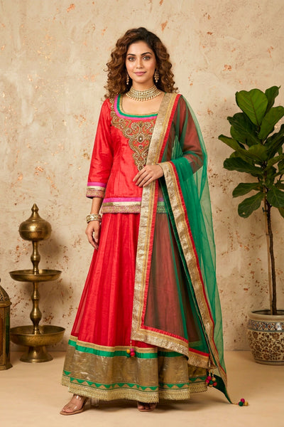 Red Silk Kurta Lehenga Set with Heavy Gold Zari Embroidery and Green Dupatta
