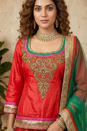 Red Silk Kurta Lehenga Set with Heavy Gold Zari Embroidery and Green Dupatta