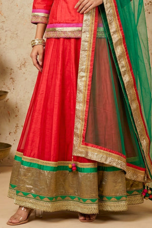 Red Silk Kurta Lehenga Set with Heavy Gold Zari Embroidery and Green Dupatta