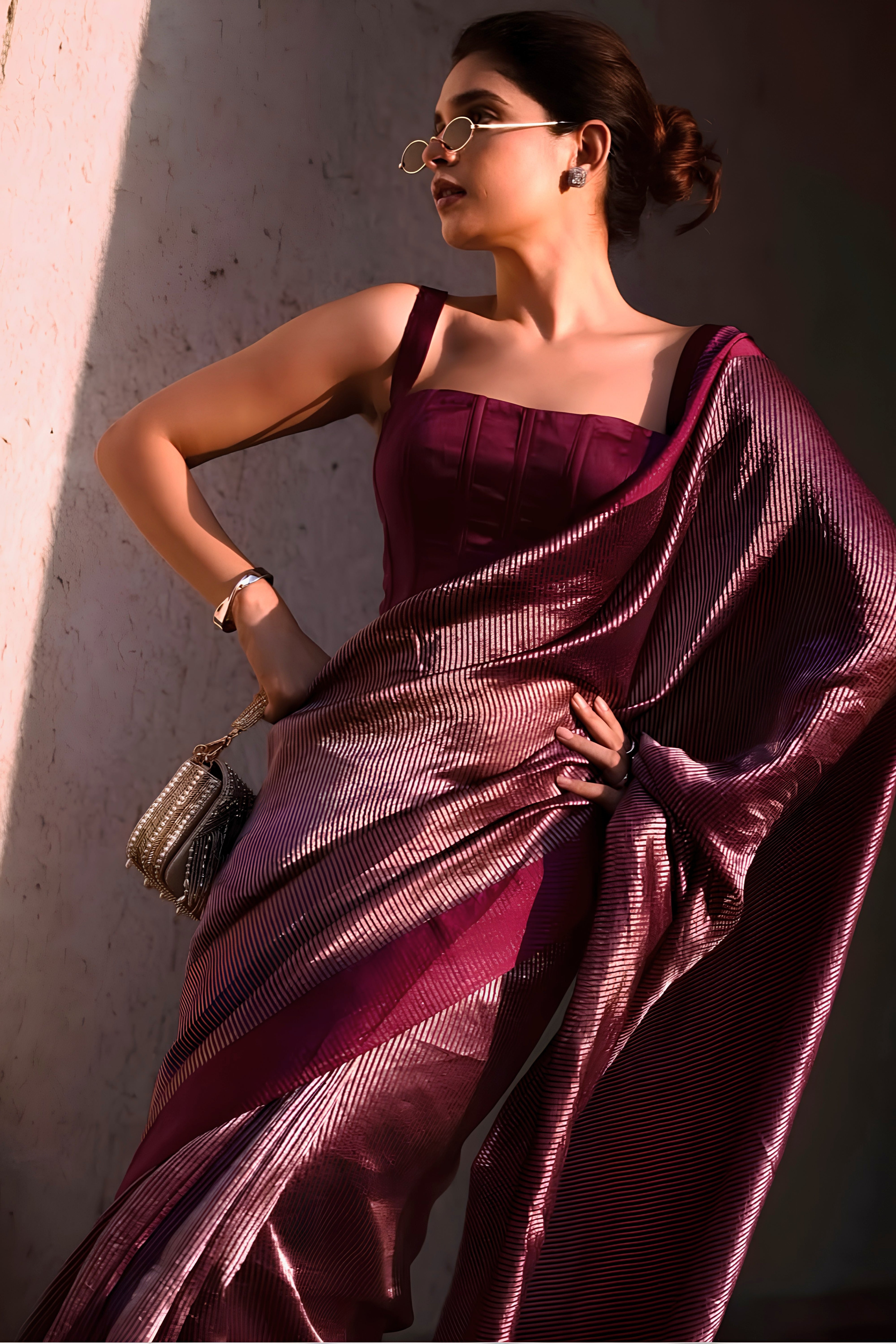 Celebrity Inspired Exquisite Maroon Striped Tissue Saree