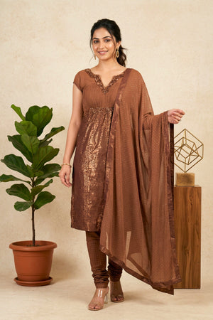Elegant Chocolate Brown Georgette Suit Set with Foil Print & Sequin Embroidery