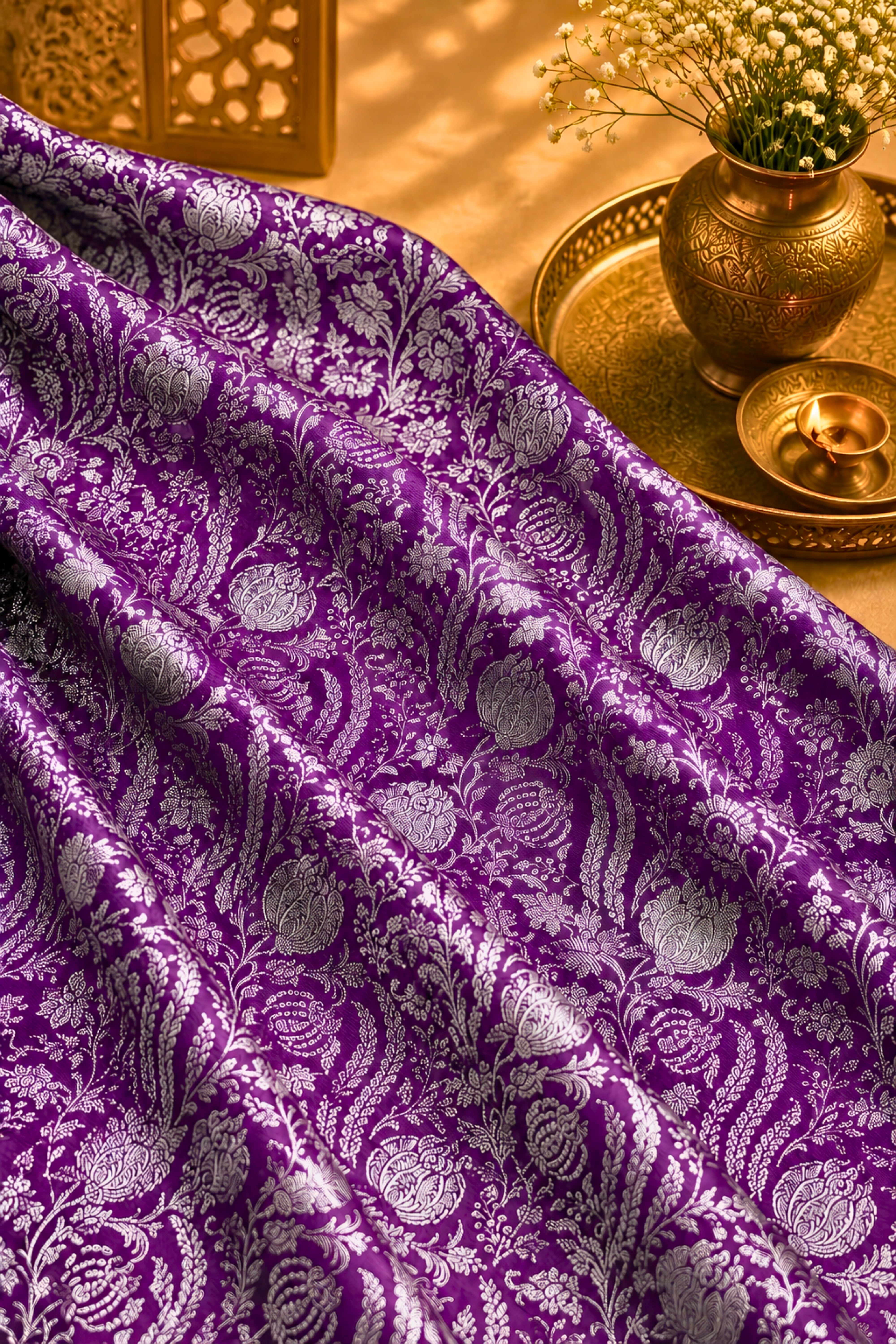 Premium Royal Purple Banarasi Silk Fabric with Silver Zari Floral Jaal (Unstitched Than)