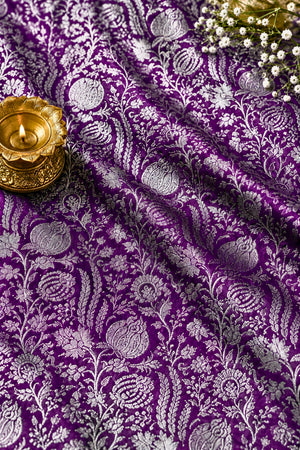 Premium Royal Purple Banarasi Silk Fabric with Silver Zari Floral Jaal (Unstitched Than)