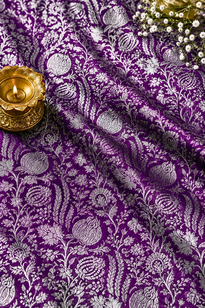 Premium Royal Purple Banarasi Silk Fabric with Silver Zari Floral Jaal (Unstitched Than)