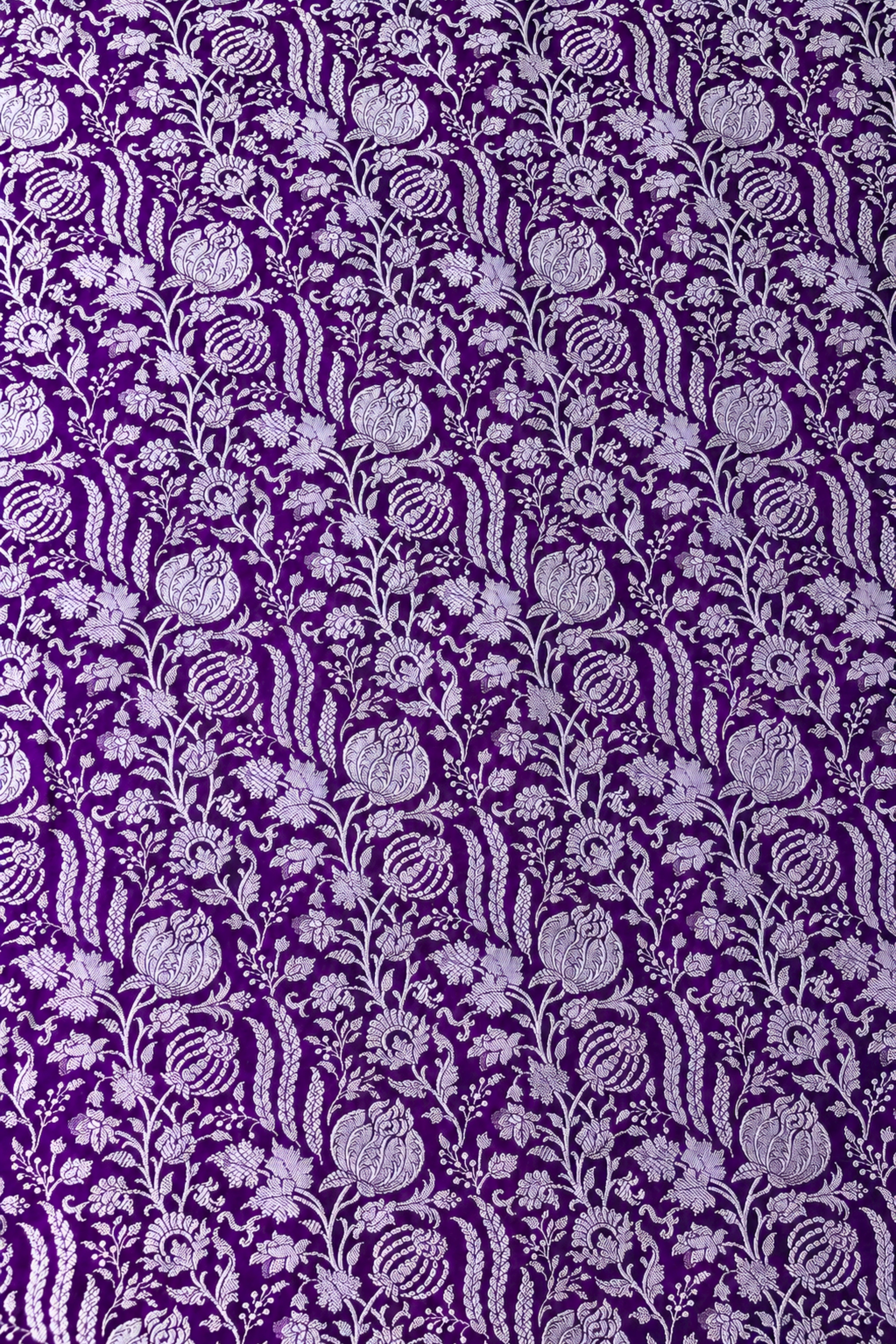 Premium Royal Purple Banarasi Silk Fabric with Silver Zari Floral Jaal (Unstitched Than)