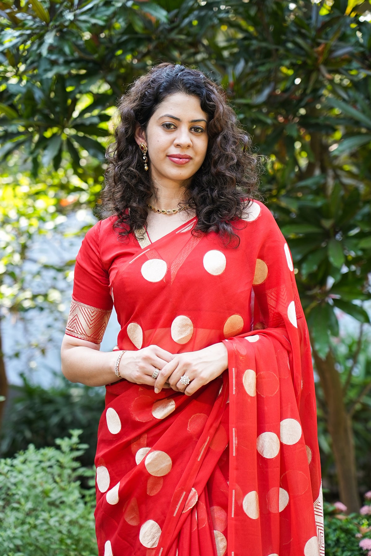 Crimson Red Banarasi Georgette Saree with Gold Zari Polka Dots & Chevron Pallu