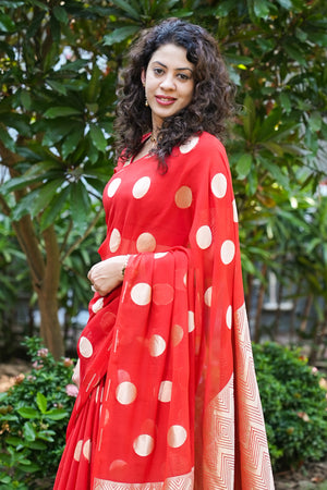 Crimson Red Banarasi Georgette Saree with Gold Zari Polka Dots & Chevron Pallu