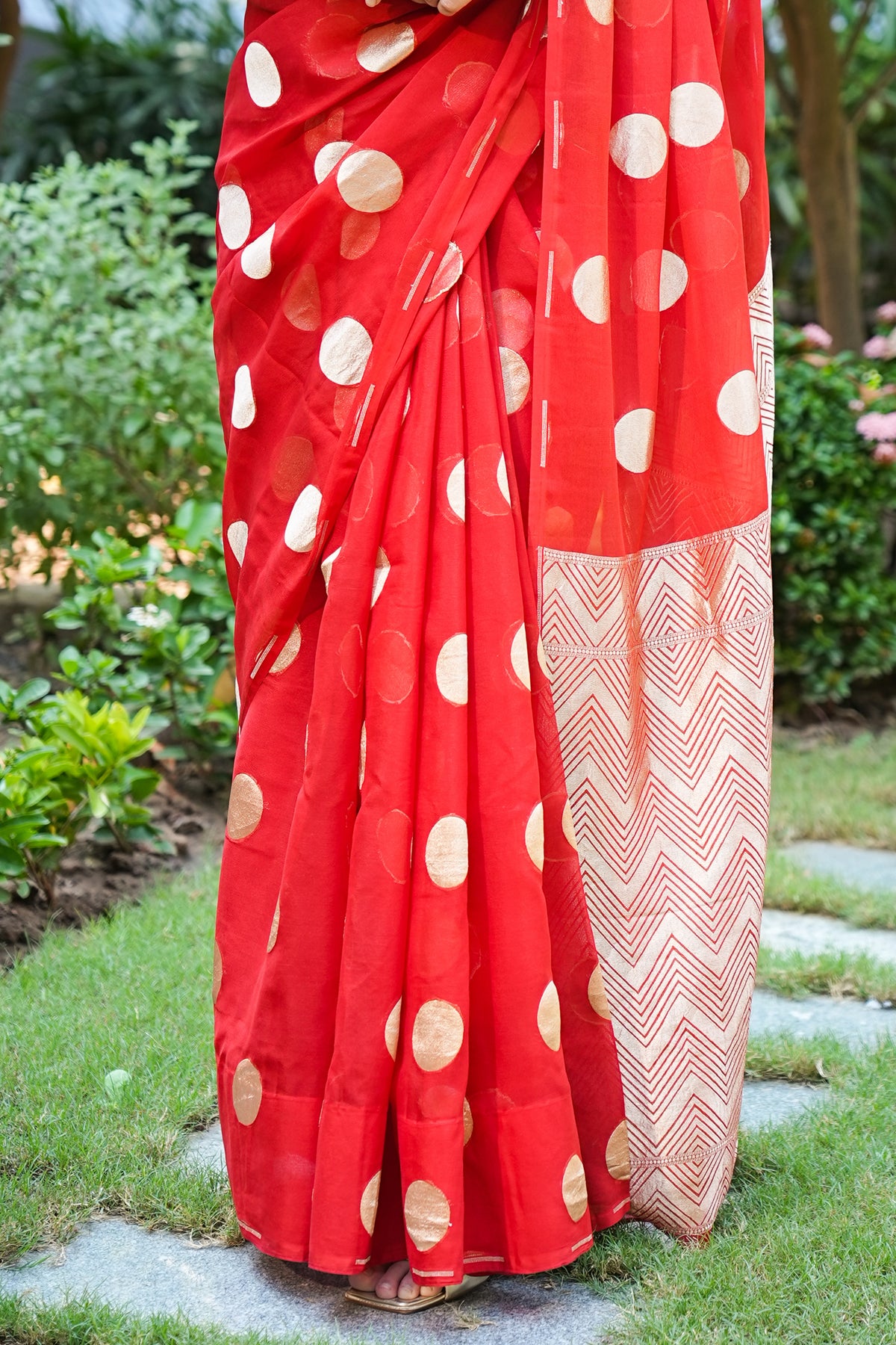 Crimson Red Banarasi Georgette Saree with Gold Zari Polka Dots & Chevron Pallu
