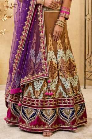 Royal Multi-Colored Peplum Lehenga with Heavy Zari Embroidery & Purple Dupatta