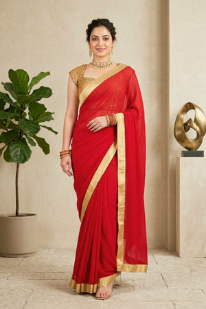 Classic Red Georgette Saree with Solid Gold Border & Readymade Blouse