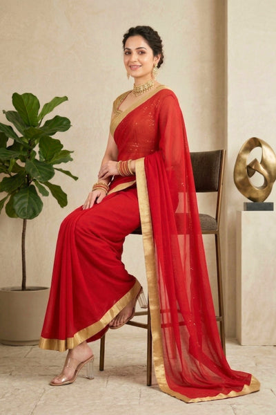Classic Red Georgette Saree with Solid Gold Border & Readymade Blouse
