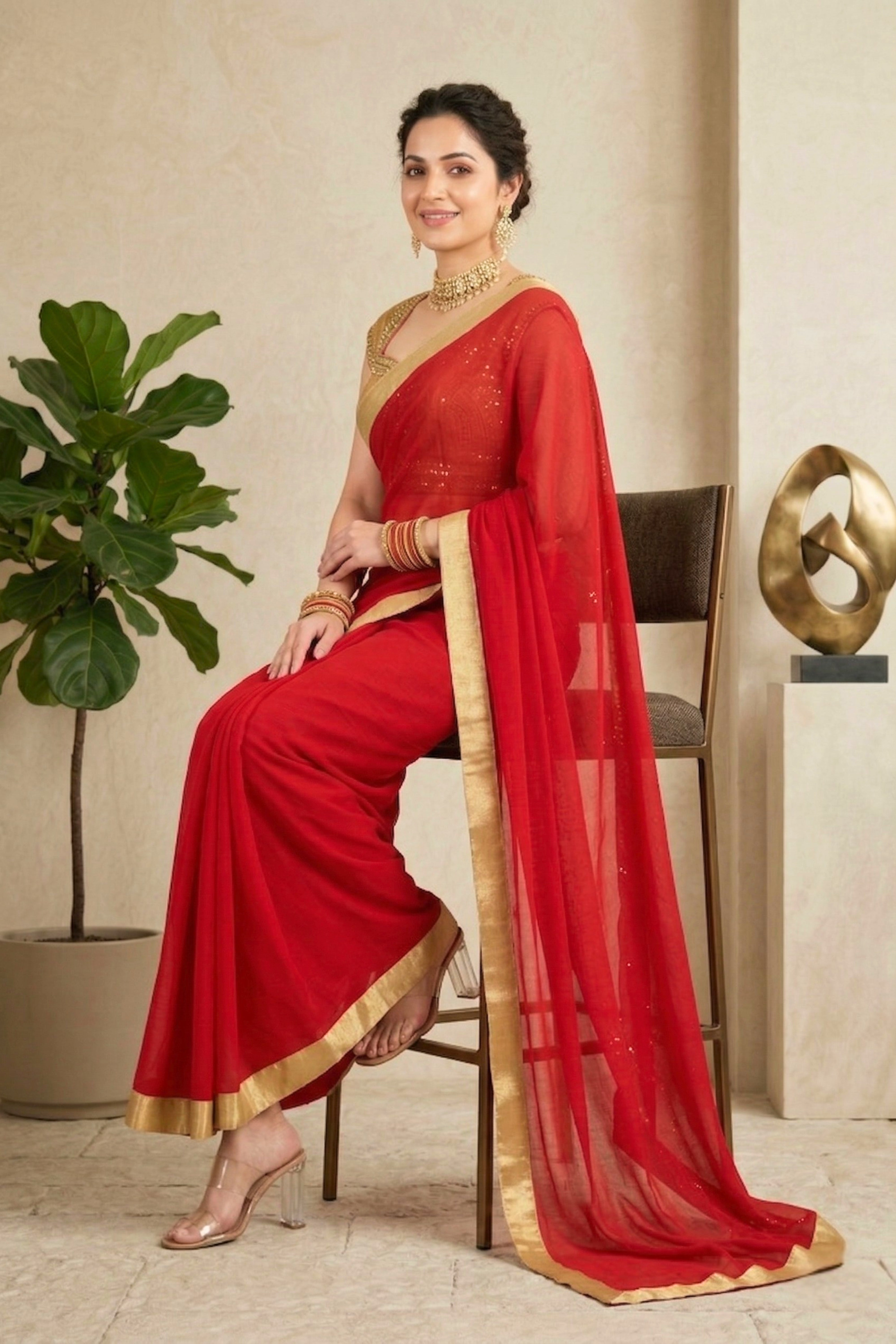 Classic Red Georgette Saree with Solid Gold Border & Readymade Blouse
