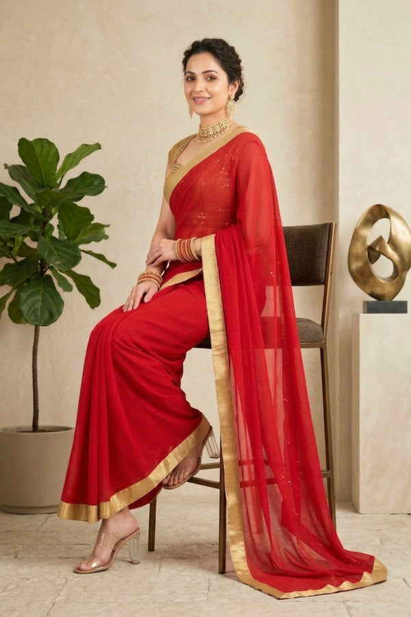 Classic Red Georgette Saree with Solid Gold Border & Readymade Blouse