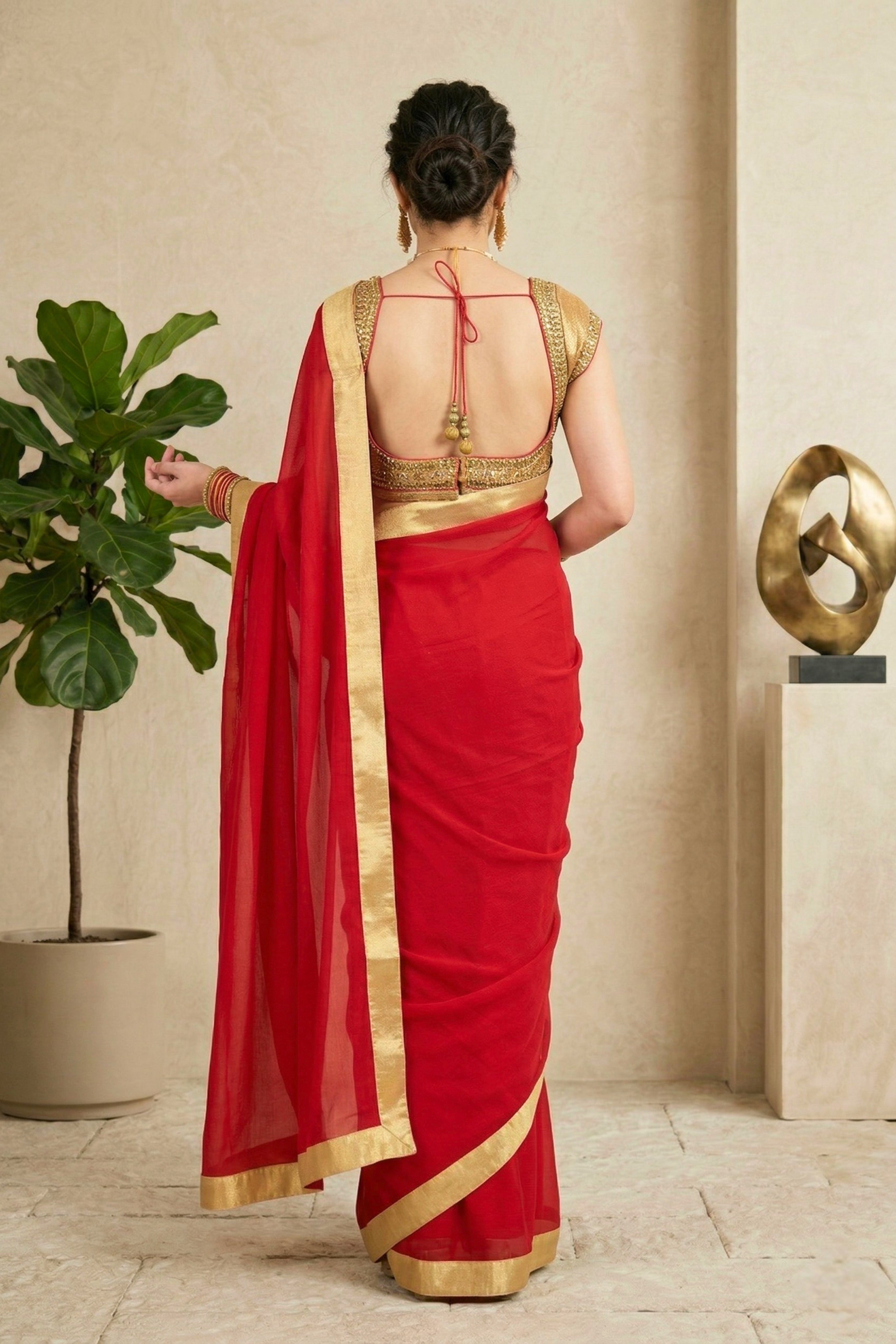 Classic Red Georgette Saree with Solid Gold Border & Readymade Blouse