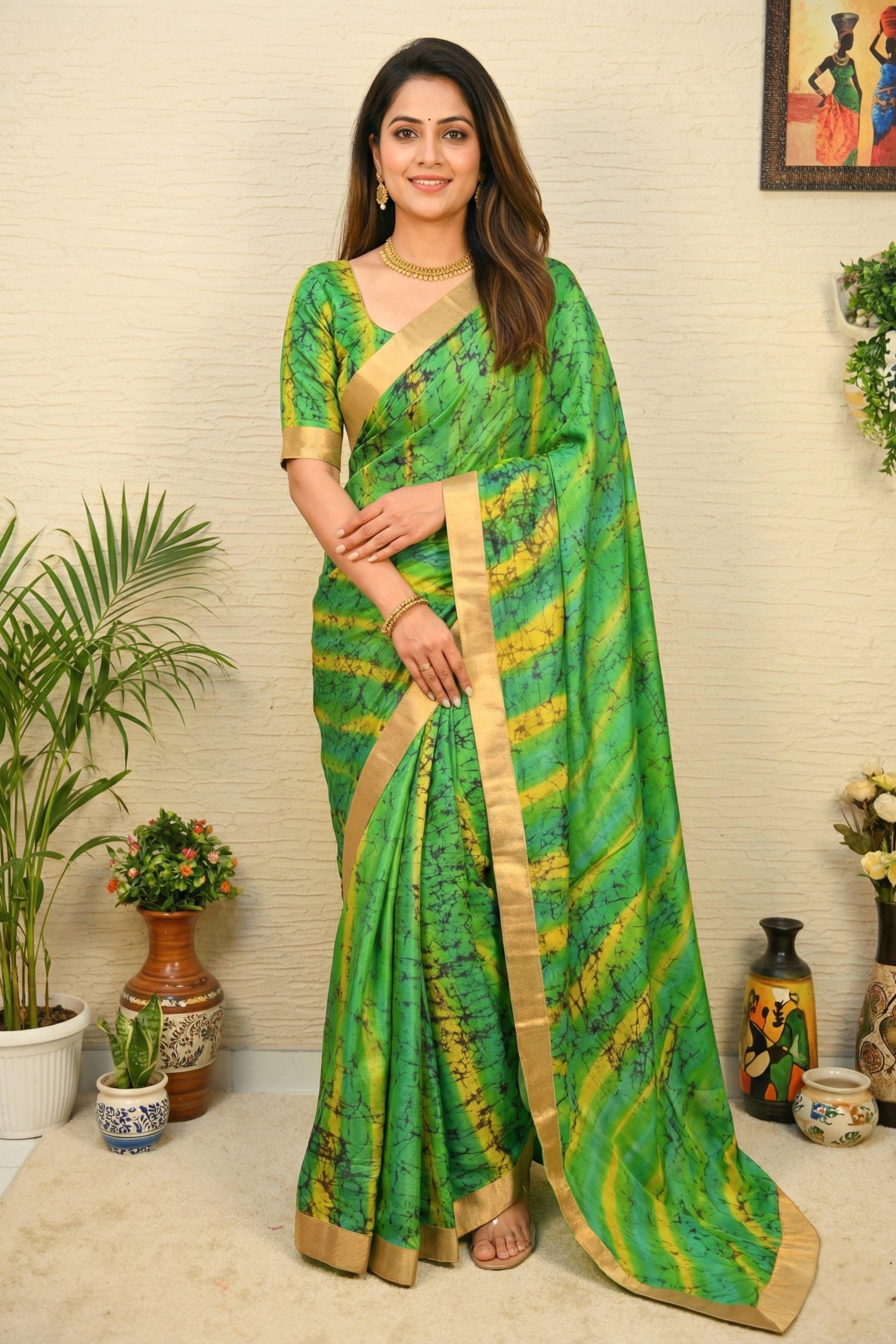 Green Tie-Dye Tabby Silk Saree with Gold Border