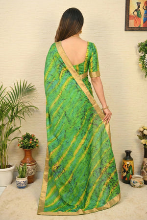 Green Tie-Dye Tabby Silk Saree with Gold Border