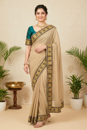 Champagne Georgette Saree with Embroidered Velvet Border
