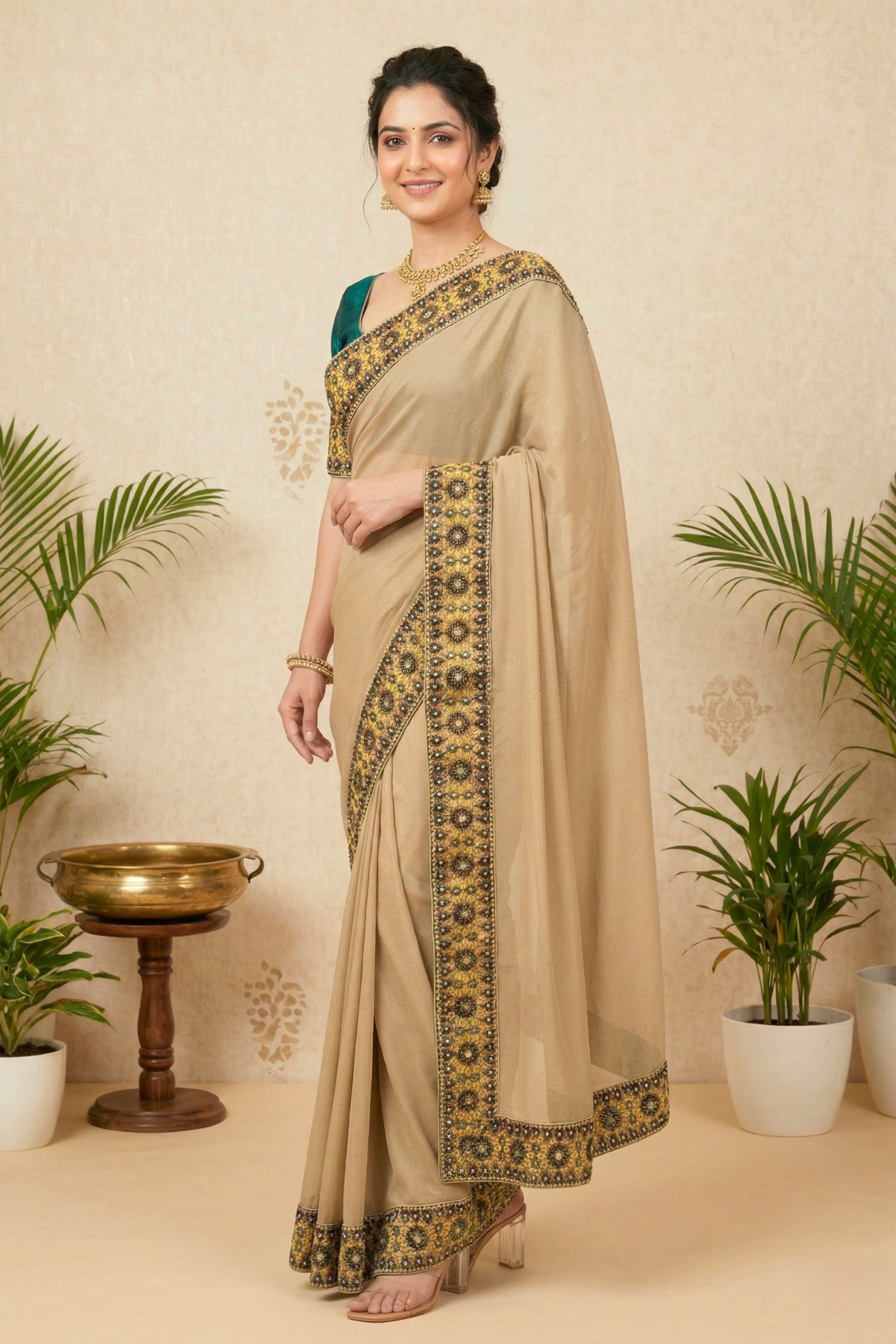 Champagne Georgette Saree with Embroidered Velvet Border
