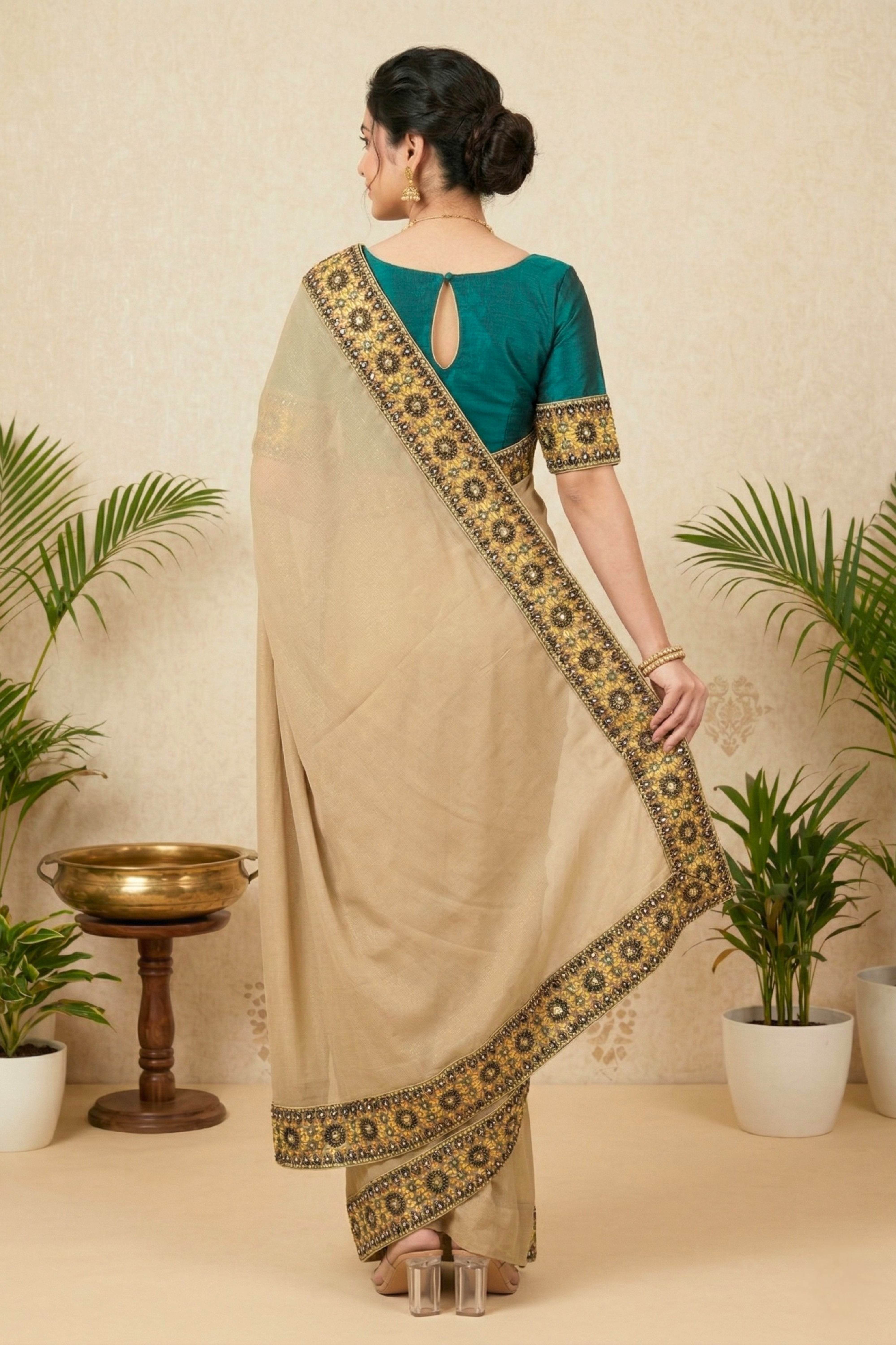 Champagne Georgette Saree with Embroidered Velvet Border