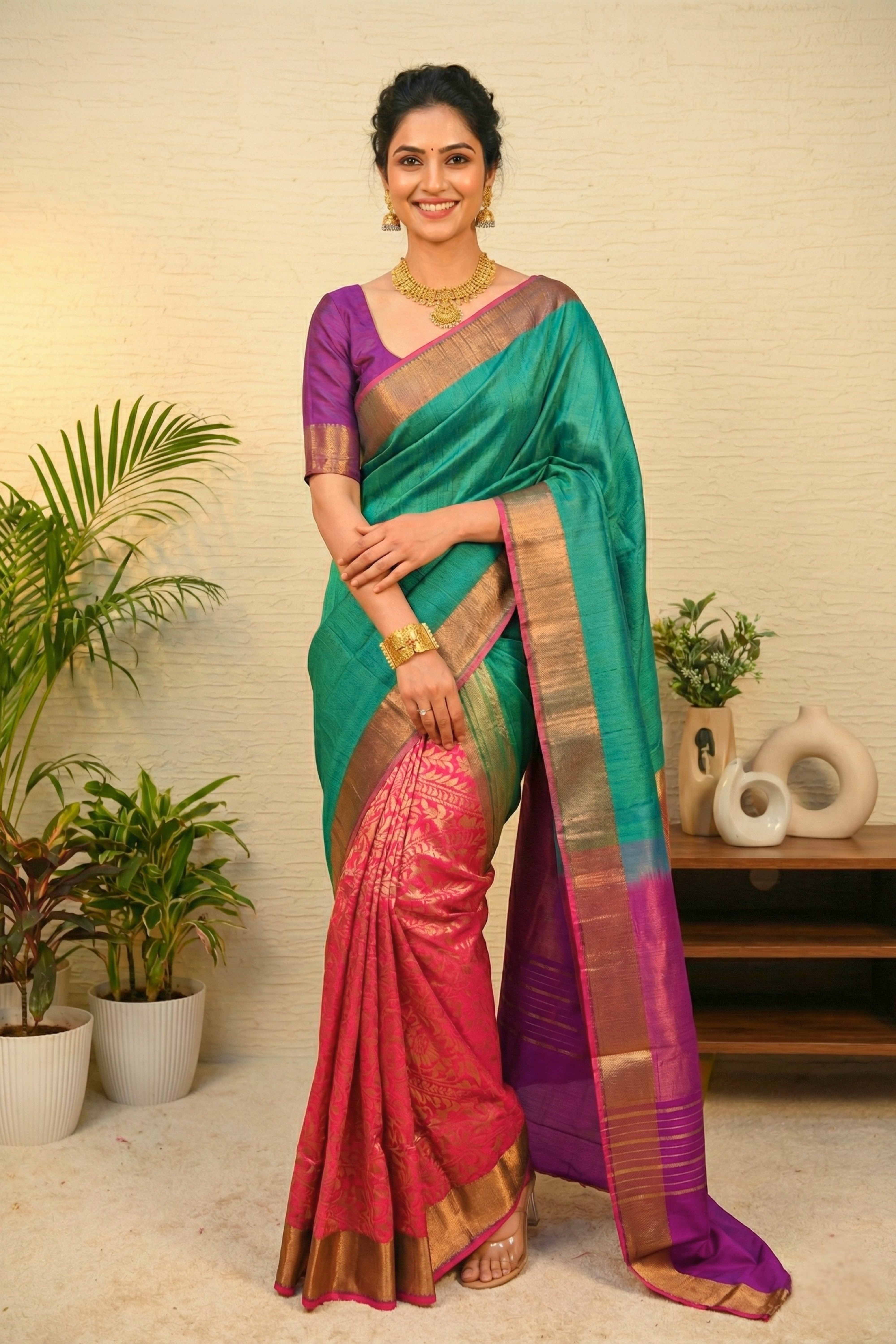 Emerald Green & Rani Pink Half-and-Half Banarasi Silk Saree