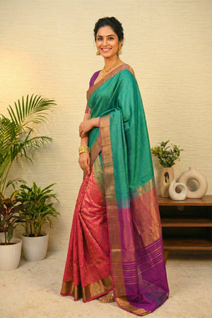 Emerald Green & Rani Pink Half-and-Half Banarasi Silk Saree
