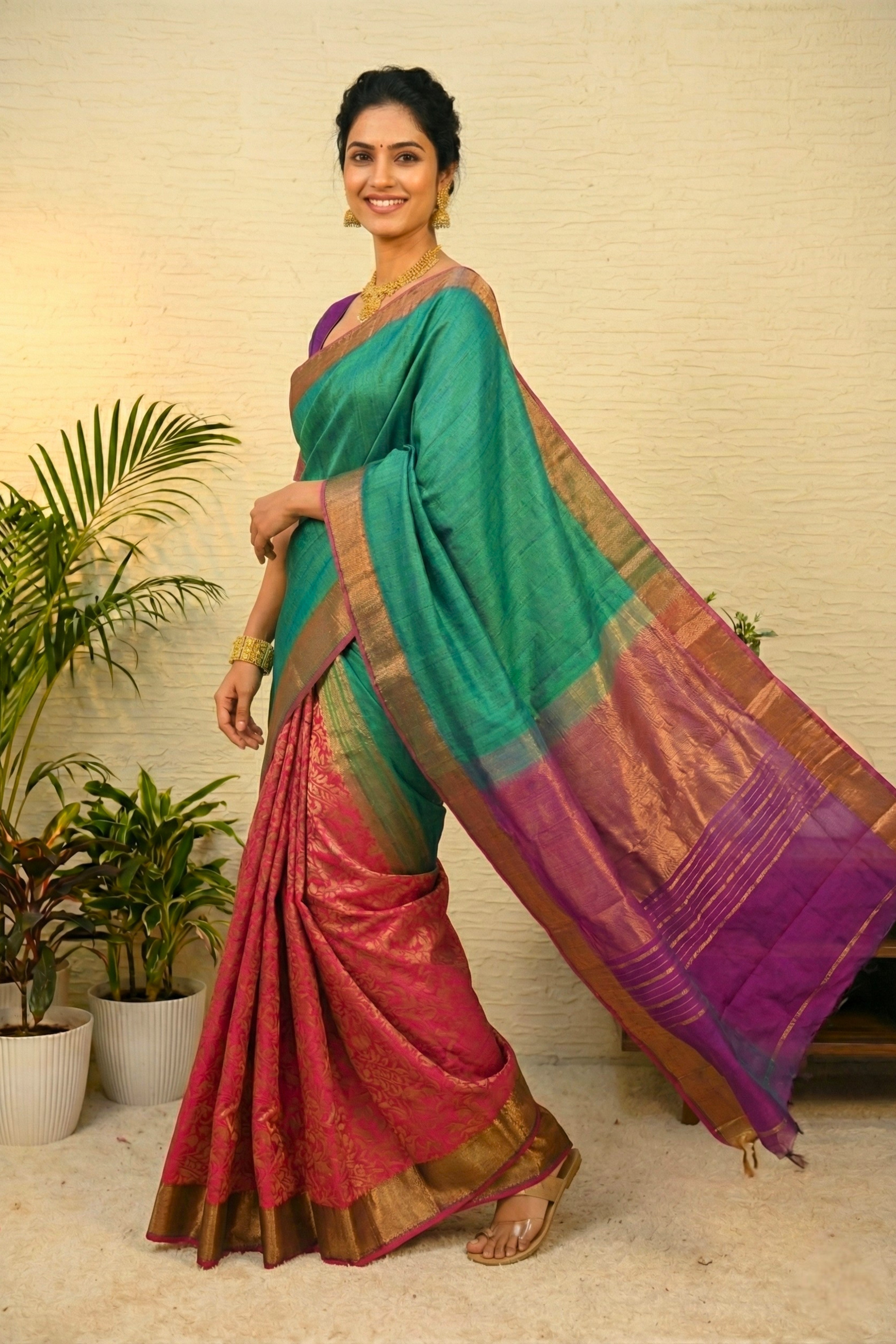 Emerald Green & Rani Pink Half-and-Half Banarasi Silk Saree