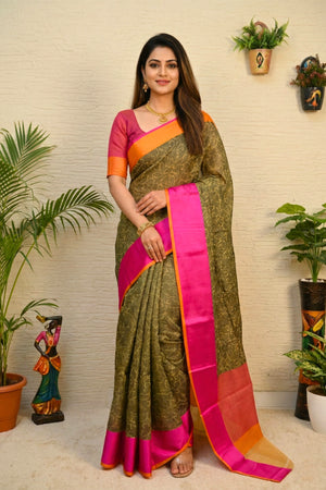 Earthy Olive Handloom Cotton Saree with Vibrant Pink & Orange Border