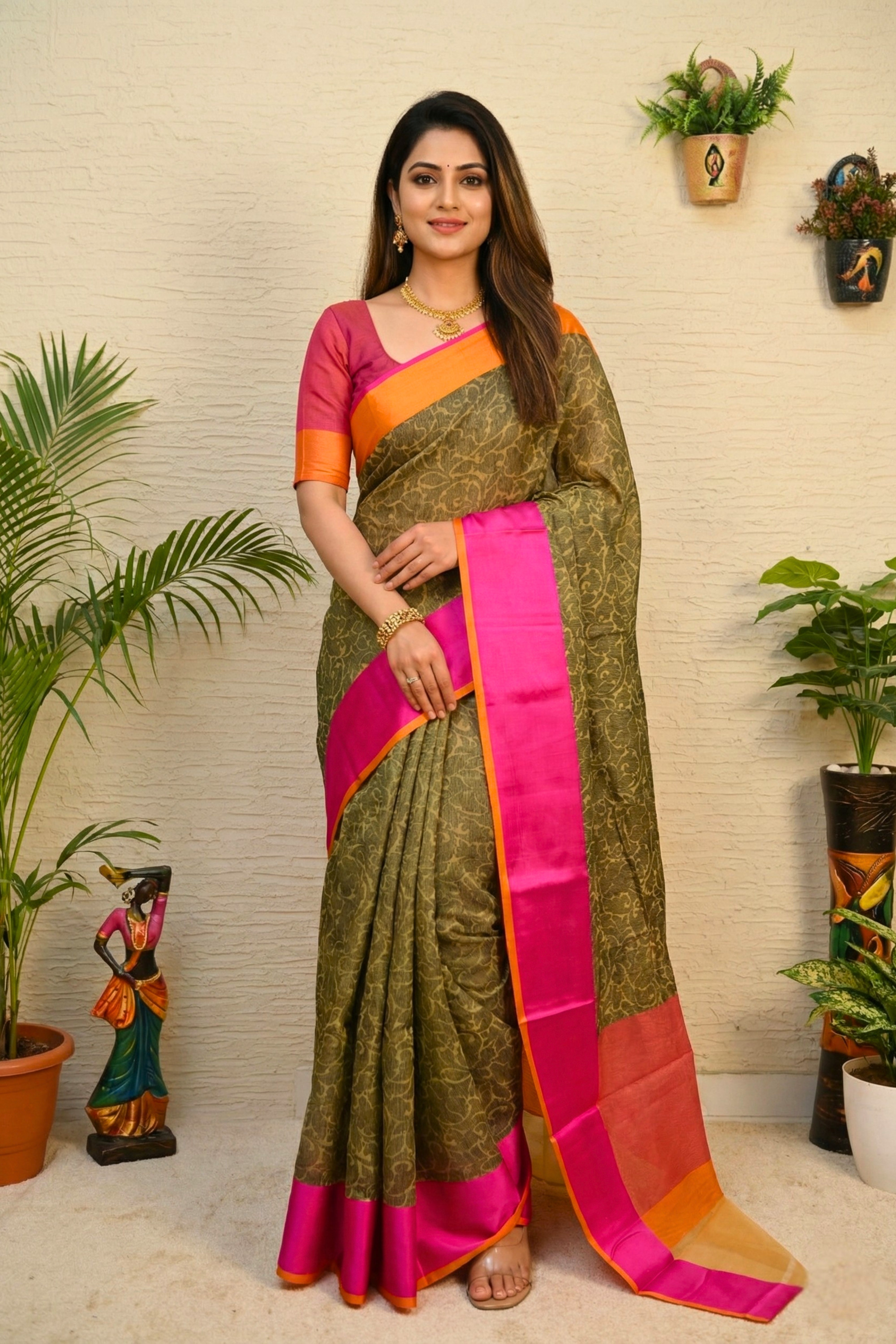 Earthy Olive Handloom Cotton Saree with Vibrant Pink & Orange Border