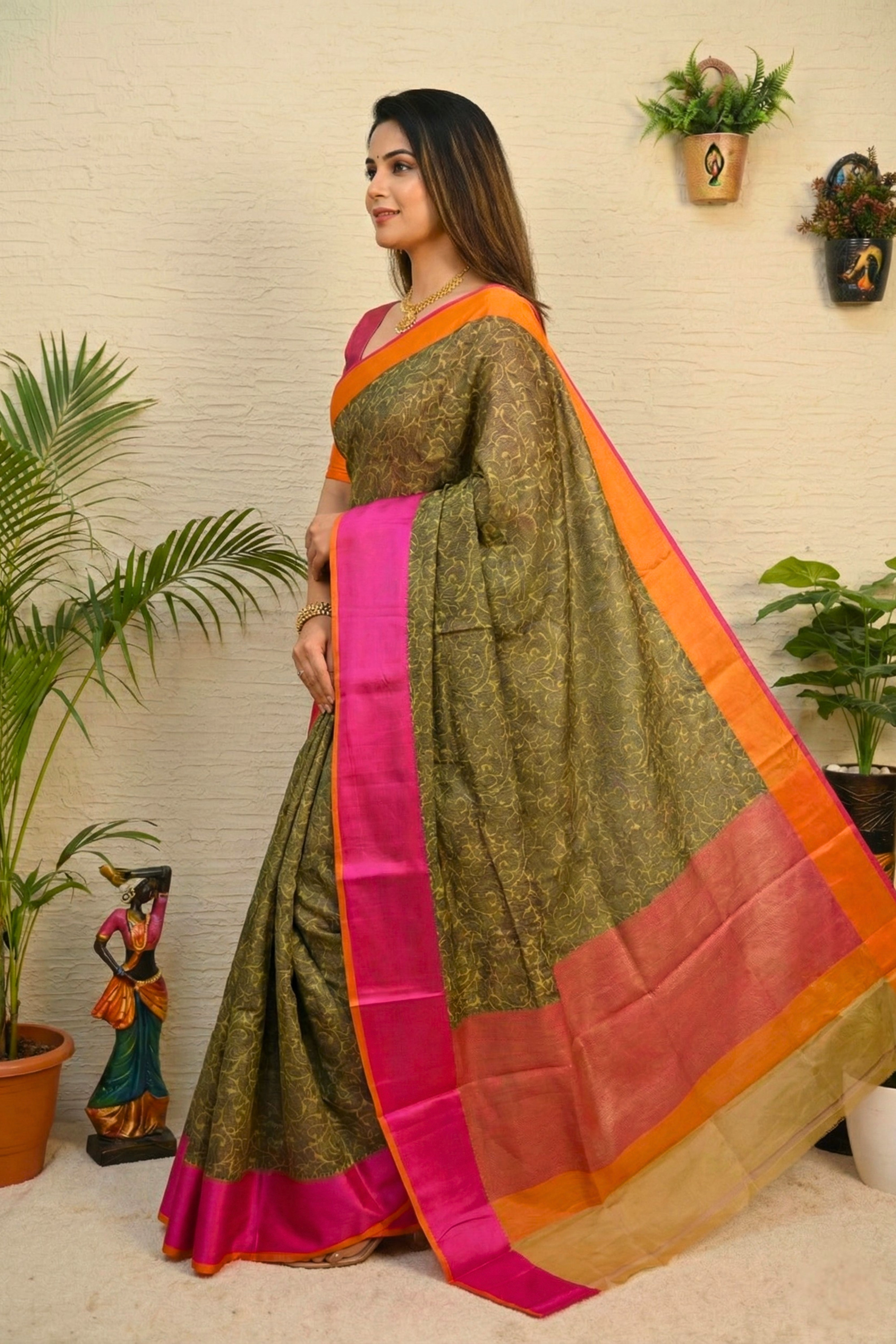 Earthy Olive Handloom Cotton Saree with Vibrant Pink & Orange Border