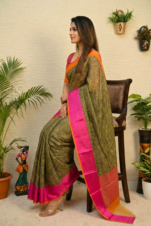 Earthy Olive Handloom Cotton Saree with Vibrant Pink & Orange Border