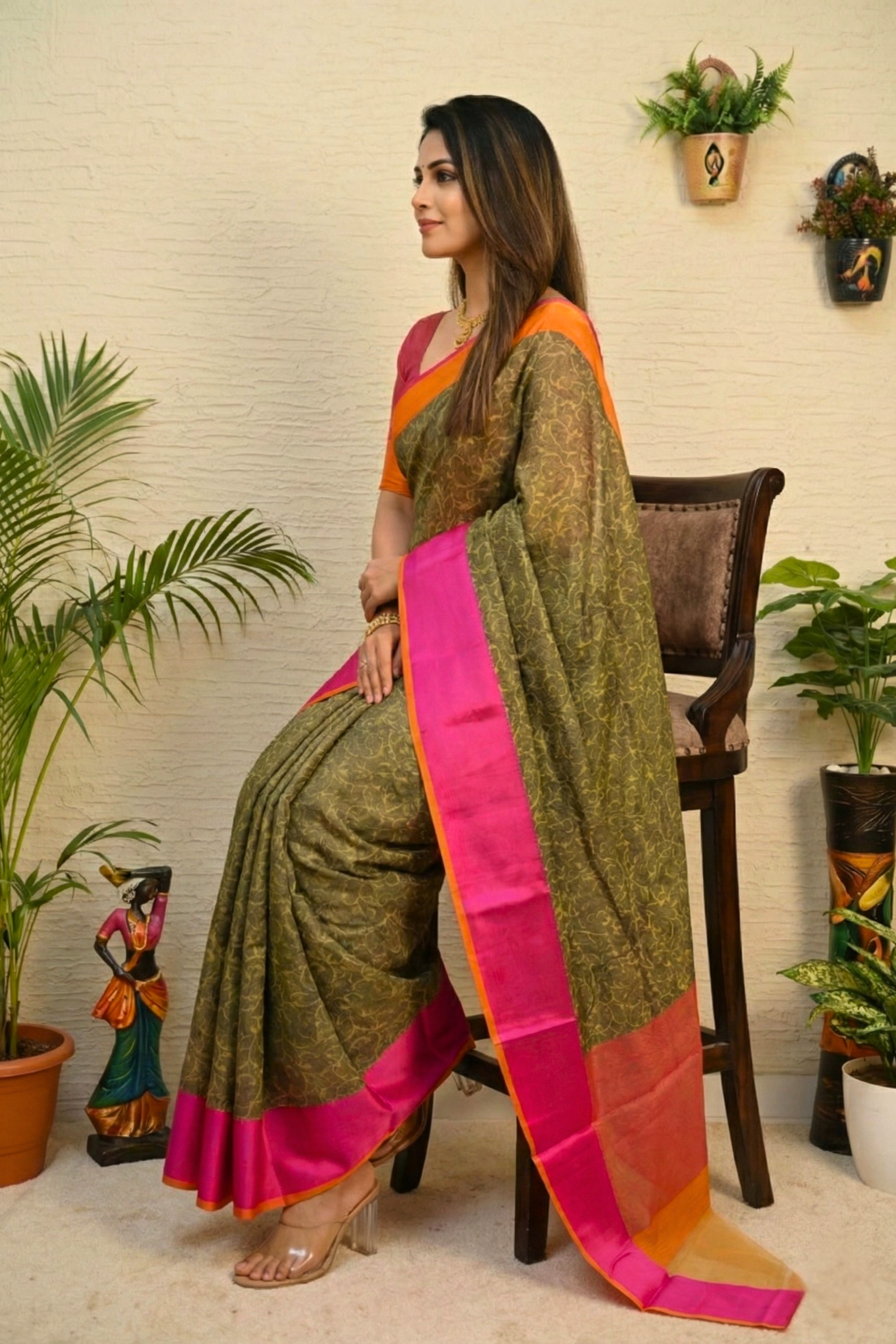 Earthy Olive Handloom Cotton Saree with Vibrant Pink & Orange Border