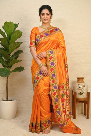 Radiant Mango Orange Paithani Silk Saree with Grand Floral Pallu
