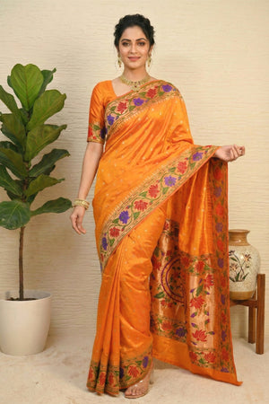 Radiant Mango Orange Paithani Silk Saree with Grand Floral Pallu